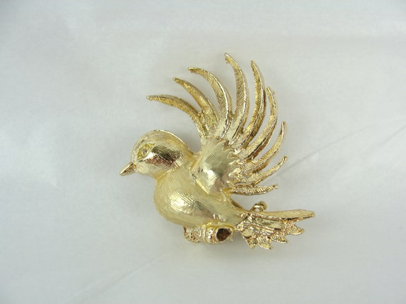 Vintage Bird Brooch 60s Gold Tone Rhinestone Eye … - image 5