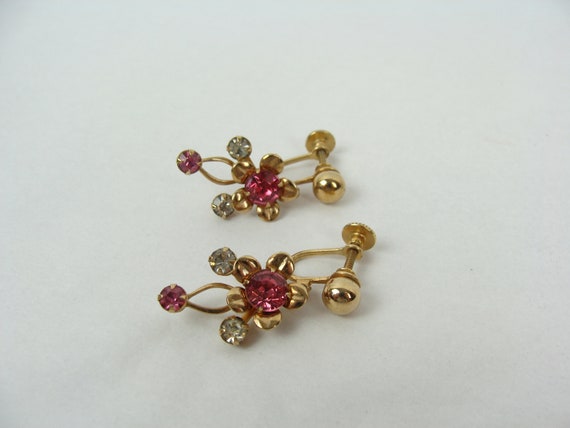 Vintage Flower Earrings 50s Drop Earrings Pink Rh… - image 8
