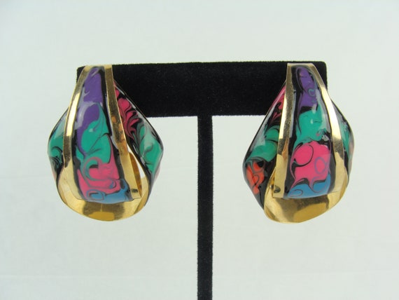 Vintage Statement Earrings 80s Gold Tone Painted … - image 8