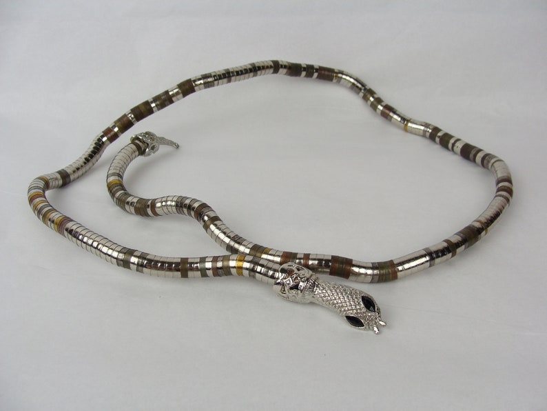 Vintage Snake Necklace Belt Bracelet 70s Articulated Mixed Metal Stacked Beads Coil Serpentine Spine Chain Wrap OOAK Unique Statement Piece