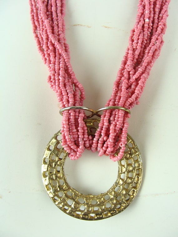 Vintage Beaded Necklace 70s Pink Seed Bead Pendan… - image 3