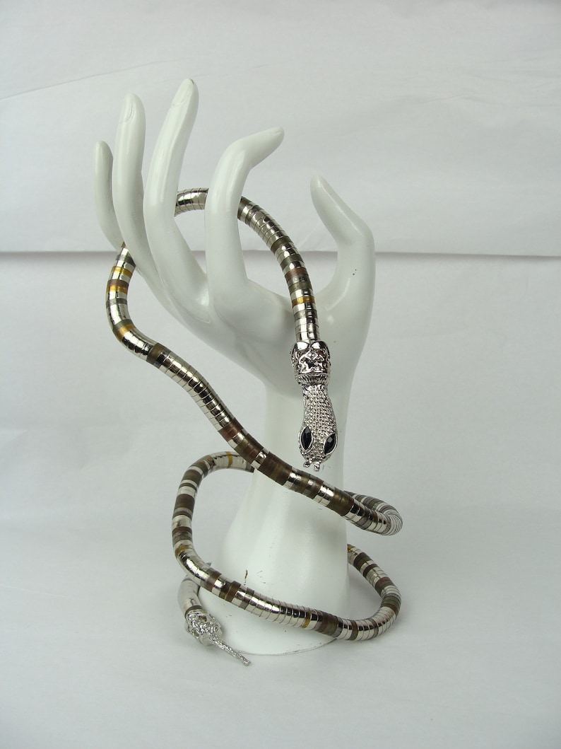 Vintage Snake Necklace Belt Bracelet 70s Articulated Mixed Metal Stacked Beads Coil Serpentine Spine Chain Wrap OOAK Unique Statement Piece