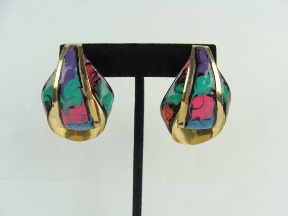 Vintage Statement Earrings 80s Gold Tone Painted … - image 1