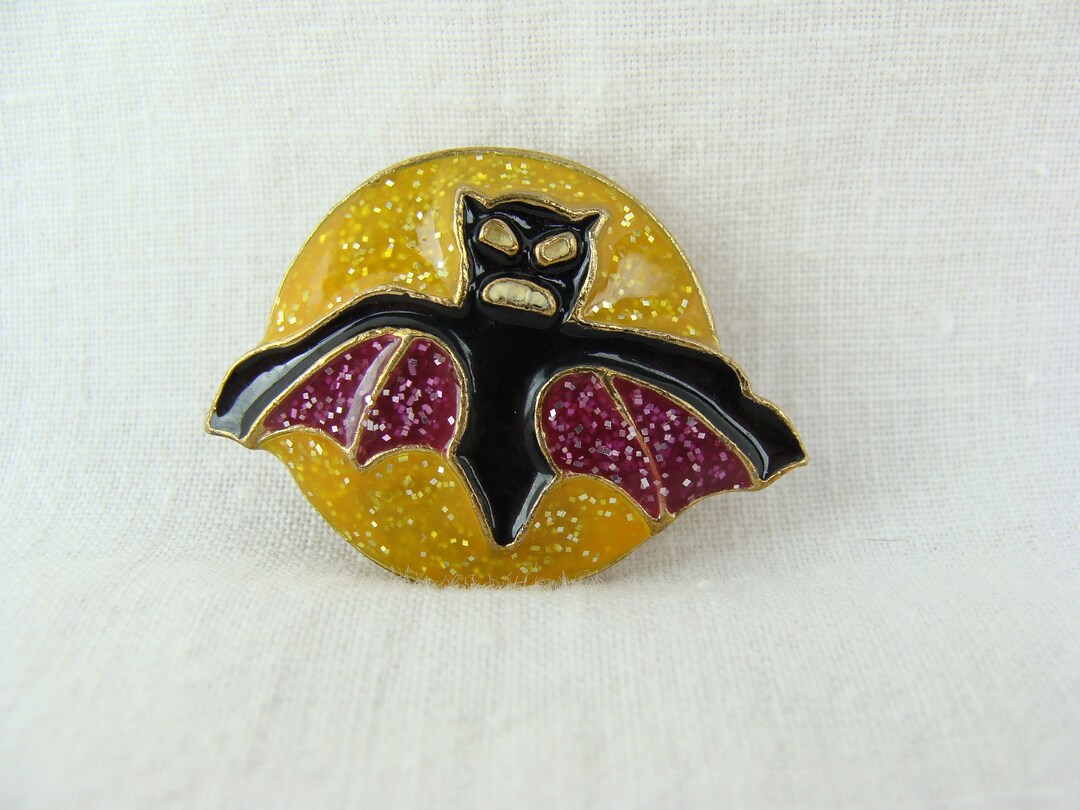 Vintage Halloween Pin 80s Glitter Enamel Bat Pin Full Moon Brooch
