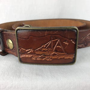 Vintage Tooled Leather Belt Nautical Fisherman Aesthetic Lighthouse Ship Whale Fisherman Core Embossed Buckle Sailing Maritime Coastal