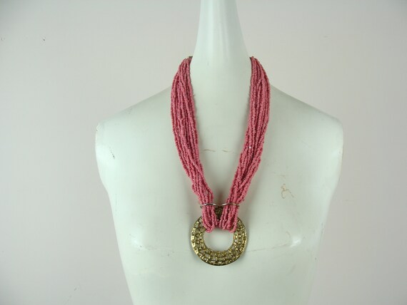 Vintage Beaded Necklace 70s Pink Seed Bead Pendan… - image 1