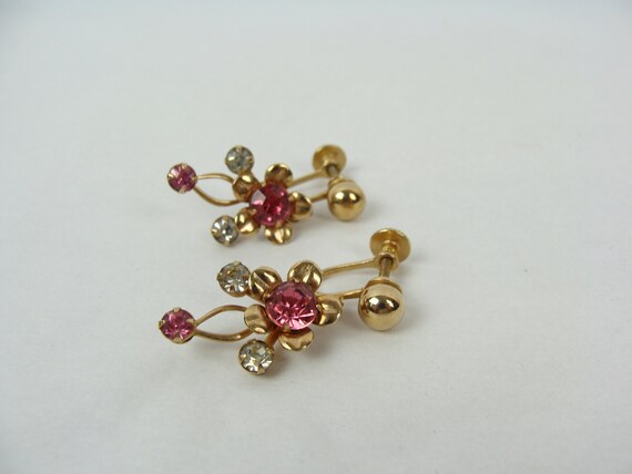 Vintage Flower Earrings 50s Drop Earrings Pink Rh… - image 7