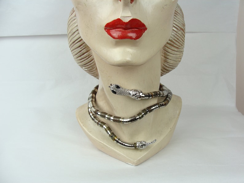 Vintage Snake Necklace Belt Bracelet 70s Articulated Mixed Metal Stacked Beads Coil Serpentine Spine Chain Wrap OOAK Unique Statement Piece