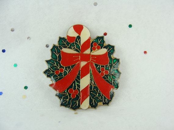 Vintage Christmas Pin 80s Enamel Candy Cane Brooc… - image 1