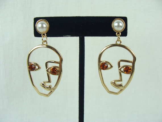 Vintage Face Earrings 90s Picasso Style Drop Earr… - image 1