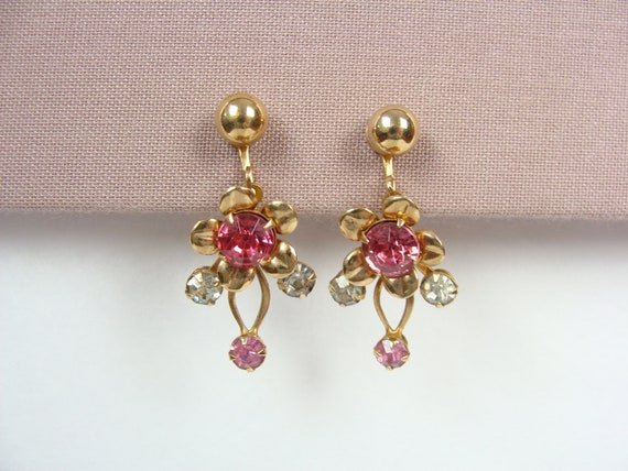 Vintage Flower Earrings 50s Drop Earrings Pink Rh… - image 1