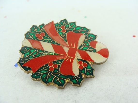 Vintage Christmas Pin 80s Enamel Candy Cane Brooc… - image 4