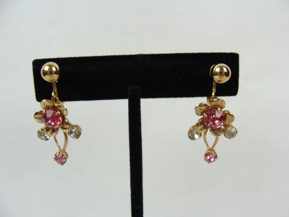 Vintage Flower Earrings 50s Drop Earrings Pink Rh… - image 3