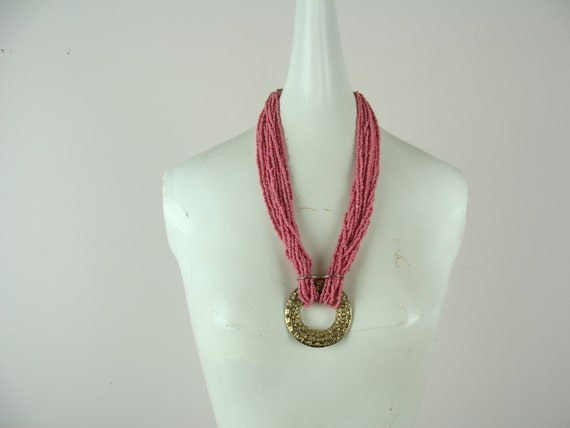 Vintage Beaded Necklace 70s Pink Seed Bead Pendan… - image 5