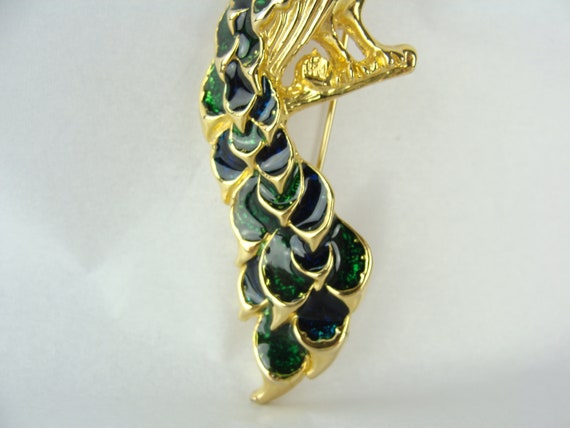 Vintage Peacock Brooch 70s Enamel Rhinestone Gold… - image 5