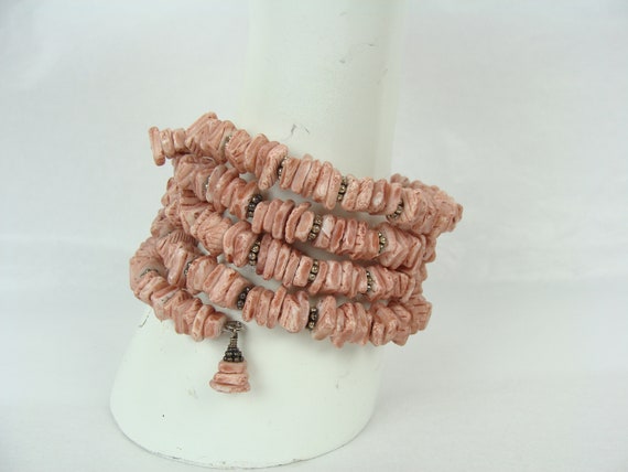 Vintage Puka Shell Beaded Wire Coil Bracelet Ankl… - image 1