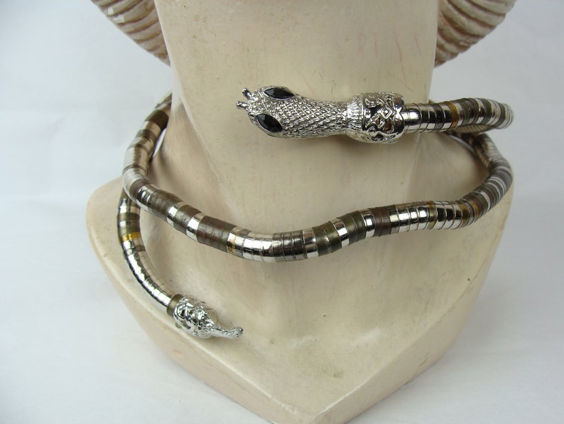 Vintage Snake Necklace Belt Bracelet 70s Articulated Mixed Metal Stacked Beads Coil Serpentine Spine Chain Wrap OOAK Unique Statement Piece