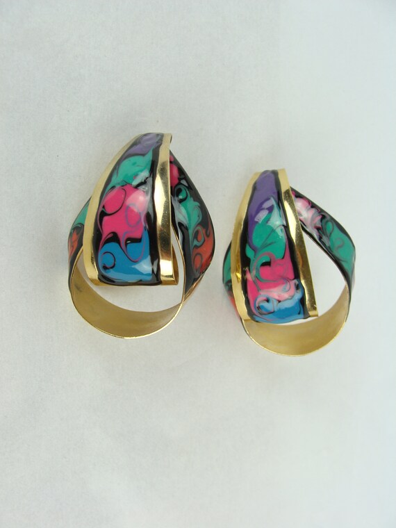 Vintage Statement Earrings 80s Gold Tone Painted … - image 9