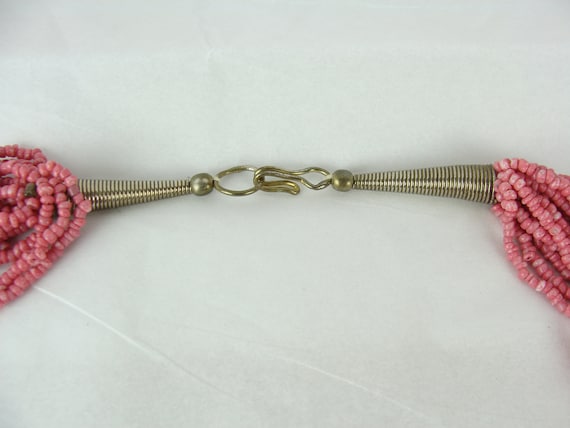 Vintage Beaded Necklace 70s Pink Seed Bead Pendan… - image 9