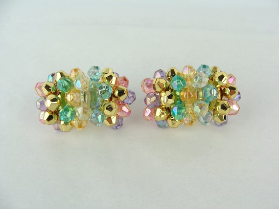 Vintage Beaded Half Hoop Earrings 80s Colorful Pa… - image 3