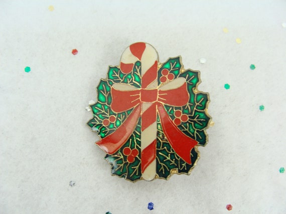 Vintage Christmas Pin 80s Enamel Candy Cane Brooc… - image 2