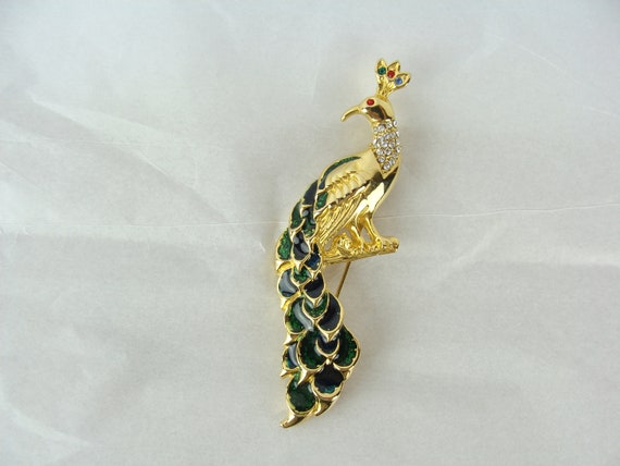 Vintage Peacock Brooch 70s Enamel Rhinestone Gold… - image 3