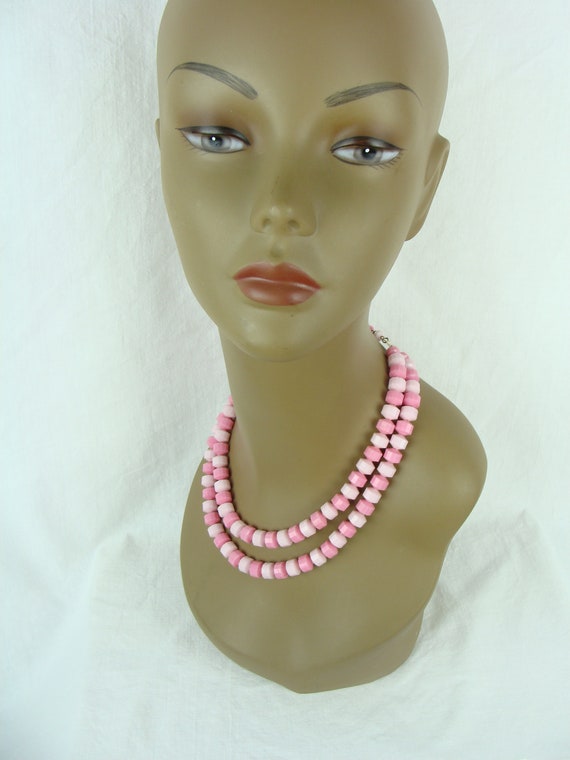 Vintage Beaded Necklace 60s Pink Multi Strand Mod… - image 2