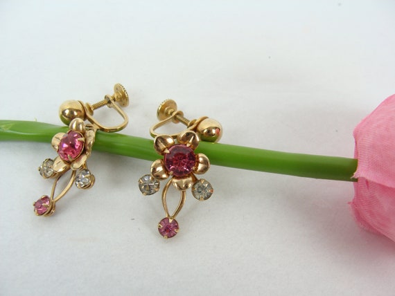 Vintage Flower Earrings 50s Drop Earrings Pink Rh… - image 10