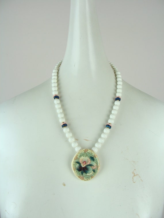 Vintage Beaded Necklace 60s Ceramic Flower Pendan… - image 1