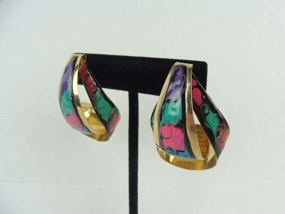 Vintage Statement Earrings 80s Gold Tone Painted … - image 2