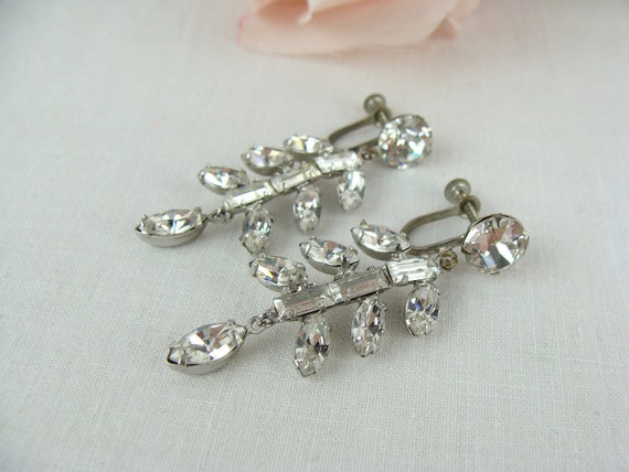 Vintage Rhinestone Drop Earrings 50s Diamante Flo… - image 7