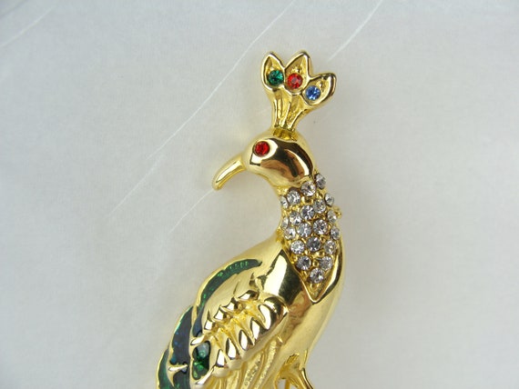 Vintage Peacock Brooch 70s Enamel Rhinestone Gold… - image 6