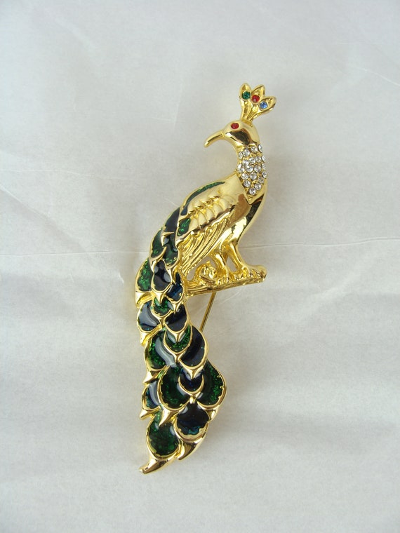 Vintage Peacock Brooch 70s Enamel Rhinestone Gold… - image 2