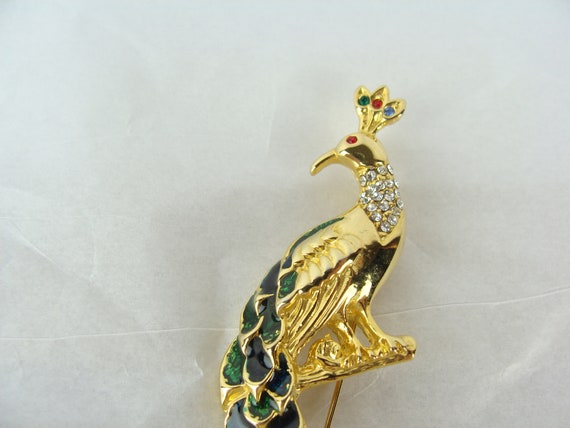 Vintage Peacock Brooch 70s Enamel Rhinestone Gold… - image 4