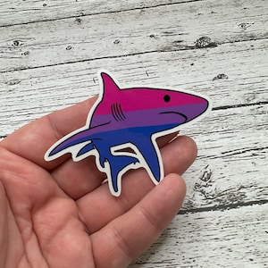 May include: A sticker of a cartoon shark with a bisexual pride flag design. The shark is pink, purple, and blue.
