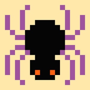 Peut inclure: Illustration de pixel art d'une araignée noire avec des pattes violettes et des yeux orange.
