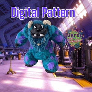 May include: A blue and purple crocheted plush toy with a gold ring around its neck. The toy is standing on a pink floor with a yellow line. The text "Digital Pattern" is at the top of the image. The text "Nerdy Knitz" is in the upper right corner of the image.