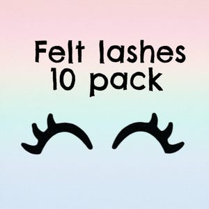 May include: A pastel-colored background with the text "Felt lashes 10 pack" in black. Below the text are two black, stylized eyelashes. The background transitions from pink to blue.