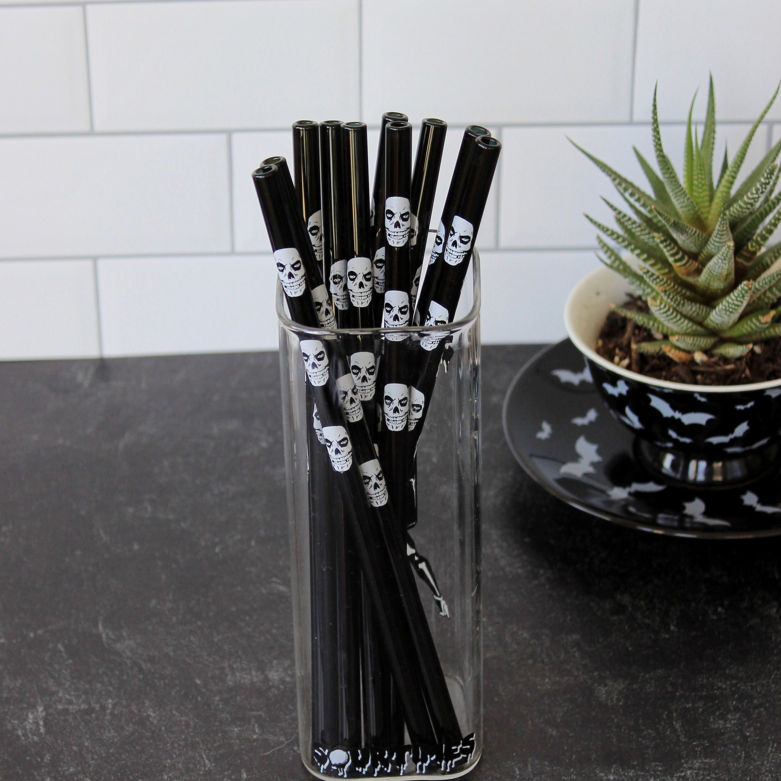 Mr. Bone Head glass straw/ glass straws/ black glass straws/ skull gl…