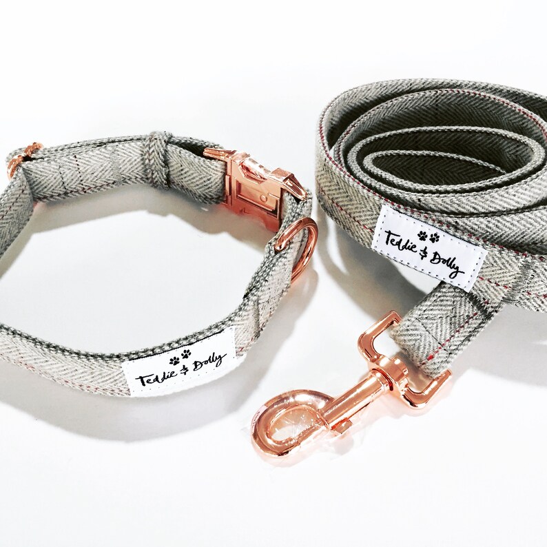 Grey Tweed Dog Collar & Lead Set With Rose Gold Fittings Etsy