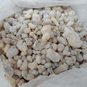 May include: Close-up of a bag filled with beige and off-white resin pieces. The pieces vary in size and shape, with some appearing more rounded and others elongated. The resin has a slightly translucent quality.