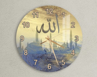 Tempered Glass Allah Calligraphy Islamic Wall Clock, Islamic Wall Art Decor, Muslim Home Decoration, Islamic Gifts, Arabic Quran Calligraphy