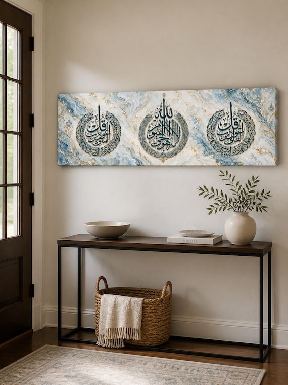 Ayatul Kursi,Felaq and Nas Islamic Wall Art with Contemporary Calligraphy Luxury Marble in Deep Teal and Warm Ivory