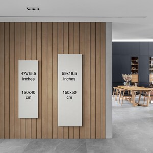May include: Two white rectangular frames with black text on a wood wall. The text on the left frame reads "47x15.5 inches 120x40 cm". The text on the right frame reads "59x19.5 inches 150x50 cm".