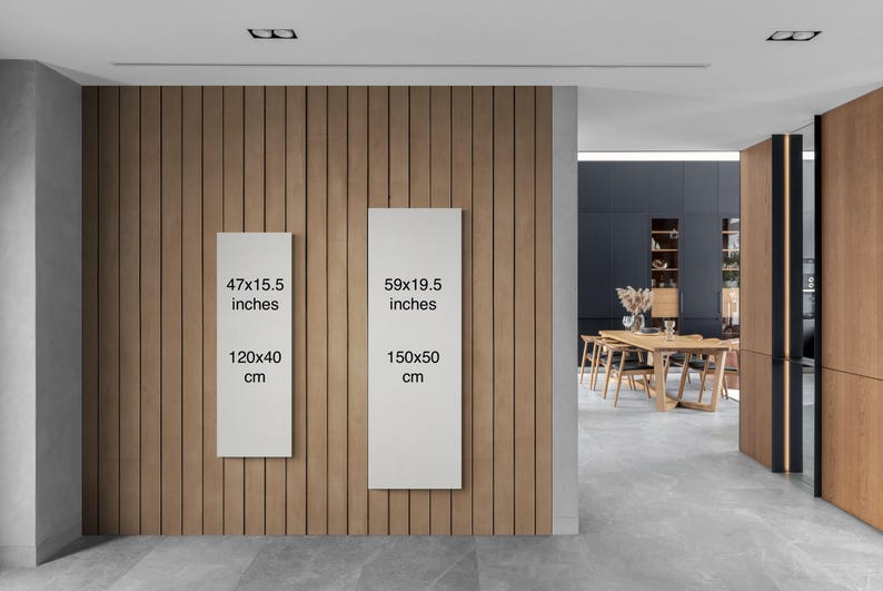 May include: Two white rectangular frames with black text on a wood wall. The text on the left frame reads "47x15.5 inches 120x40 cm". The text on the right frame reads "59x19.5 inches 150x50 cm".
