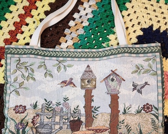 VTG 90s Tapestry Tote Bag Birds and Birdhouses