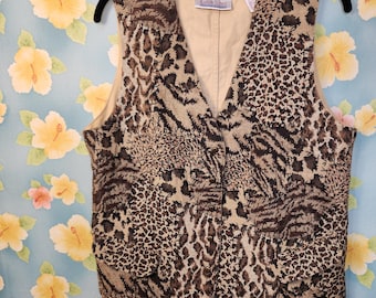VTG Karen Scott 90s Leopard Print Tapestry Vest | Animal Print Woven Button Front | Size Medium