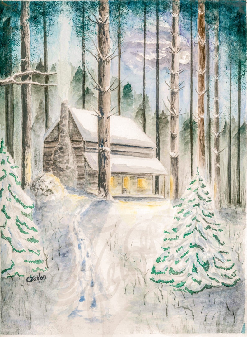Watercolor Cabin Painting Print Cabin In The Woods Night Etsy