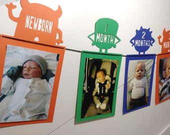 Puede incluir: Una pancarta de fotos colorida con marcos en forma de monstruo para mostrar fotos de bebés. Los marcos están etiquetados como "Recién nacido", "1 mes", "2 meses" y "3 meses".