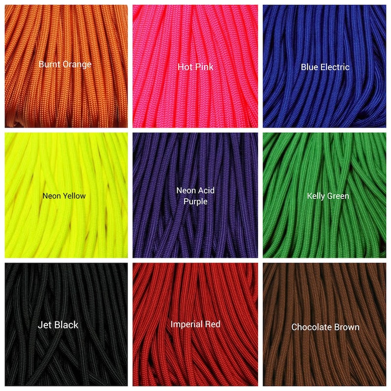 May include: A collage of nine different colors of paracord, including burnt orange, hot pink, blue electric, neon yellow, neon acid purple, kelly green, jet black, imperial red, and chocolate brown.